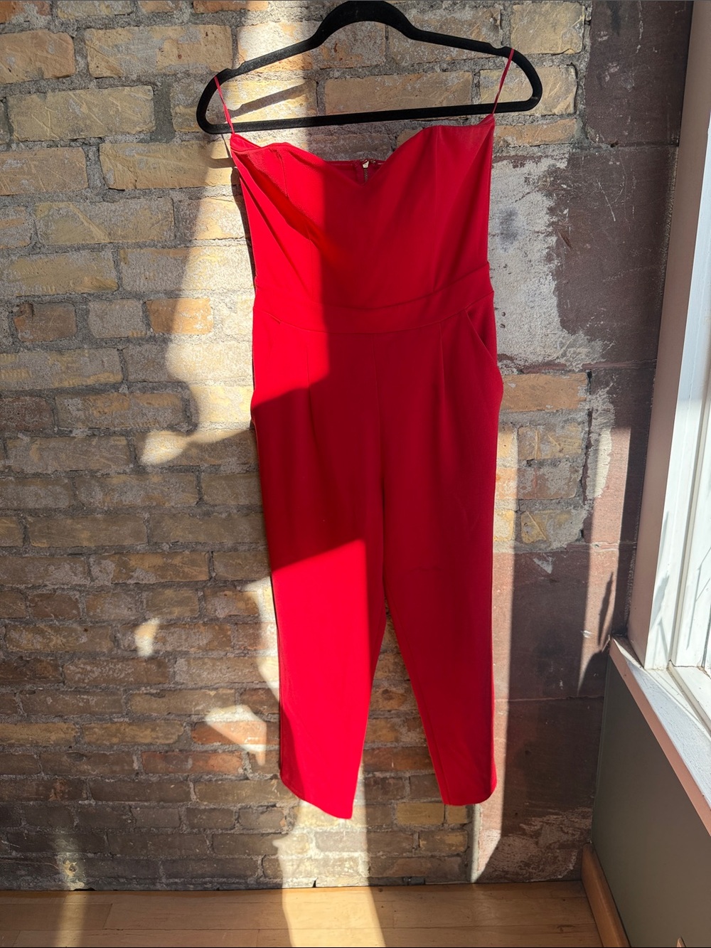 Express Red Strapless Jumpsuit with Slim Straps
